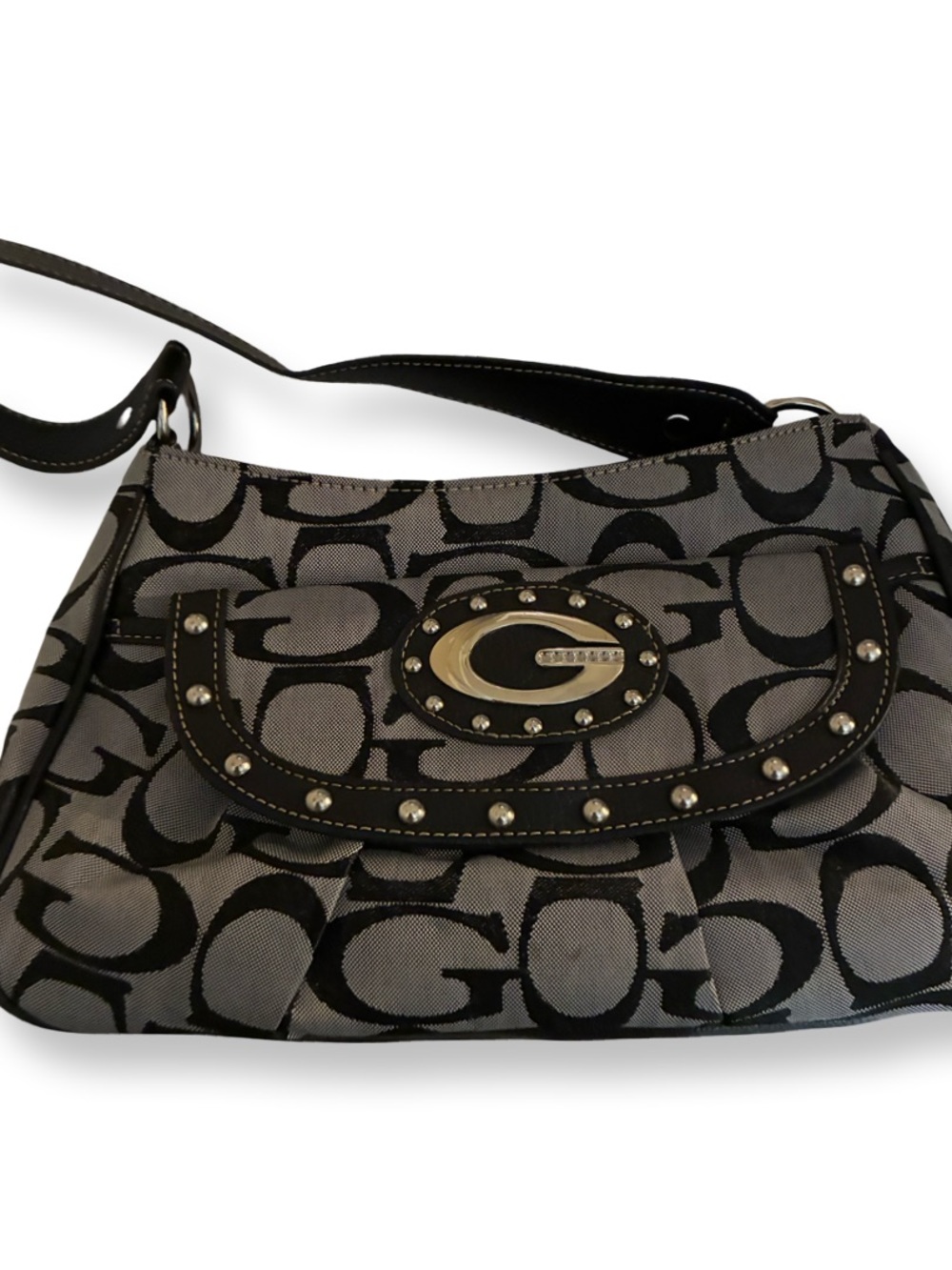 G bag Black and Gray Signature Canvas Shoulder Bag with Studded Flap